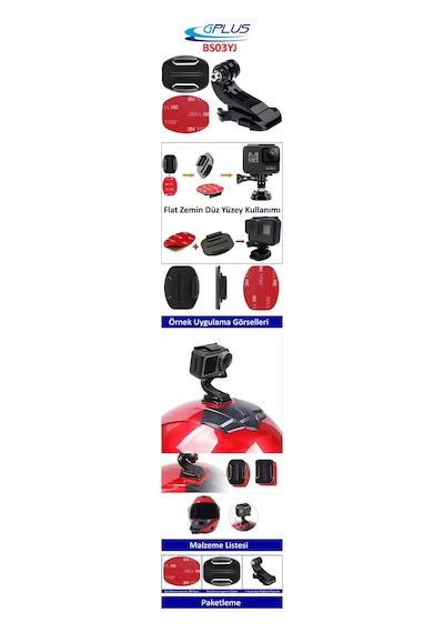 Gplus Bs03yj 3 Parça Flat Zemin Düz Yüzey J-hook Aksiyon Kamera 3m Yapışkanlı Motor Kask Bağlantı Seti Siyah