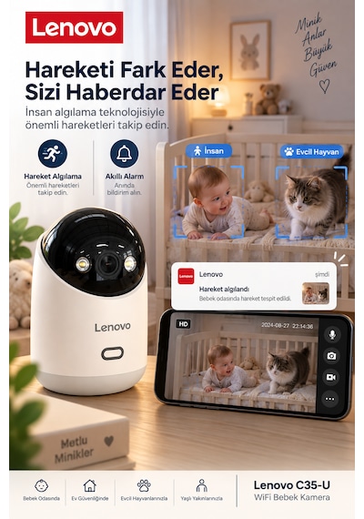 Lenovo Ev Kamerası 3'lü Set 2k 3mp, Wifi, Sesli, 360 Ptz, Mobil Kontrol, Hareket Takip, Iç Mekan Kamera Lnv35cset