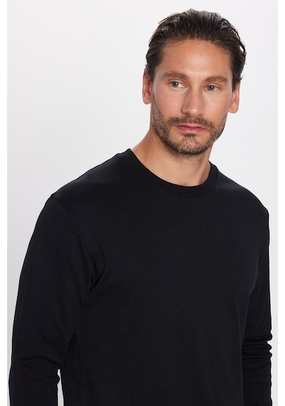 Tudors Unisex Relax Fit Rahat Kesim %100 Pamuk Uzun Kollu Bisiklet Yaka Siyah Basic Tişört-32654 Siyah