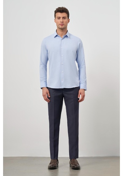 İmza Mavi Uzun Kol Kendinden Desenli Armürlü 032 Sert Yaka Classic Slim Fit Gömlek 1004245151 Mavi