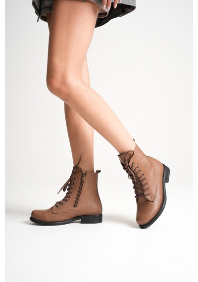 Analin Shoes Kadın Hakiki Deri Bağcıklı Ve Fermuarlı Bot Ceviz
