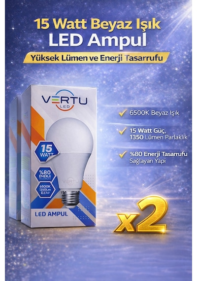 Led Ampul 15 Watt Beyaz Işık 6500k Yüksek Lümen E27 Duy Enerji Tasarruflu 2 Adet