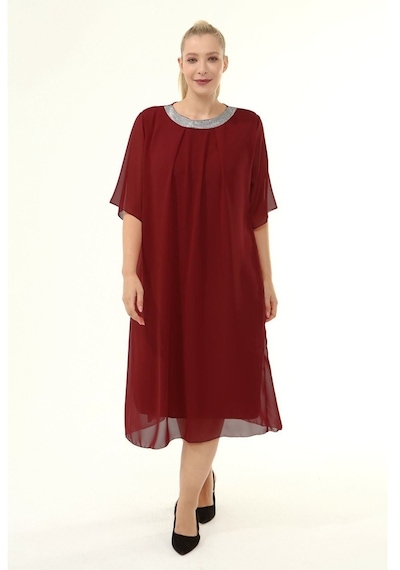 Bordo Büyük Beden Şifon Elbise 16E-1862 Bordo