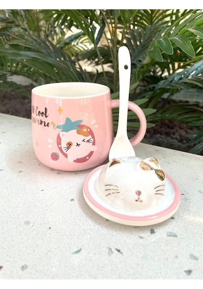 Kawai 3d Kedi Kapaklı Kaşıklı Kupa Bardak Pembe