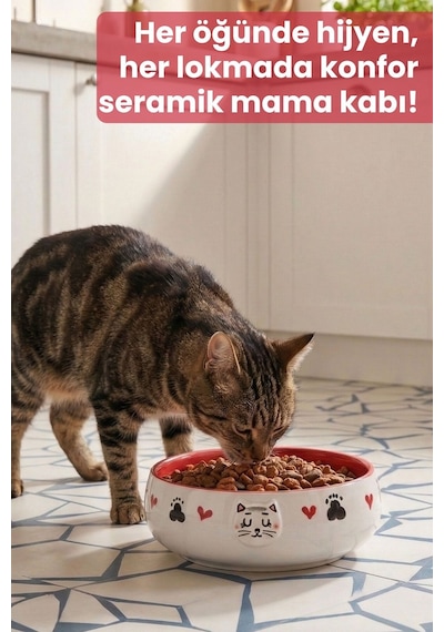 Tekli Seramik Kedi Desenli 600 Ml Kırmızı-mama Kabı Kedi Köpek Mama Su Kabı