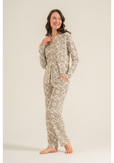 Pierre Cardin Kadın Desenli Krem Gömlek Pijama Takımı Pc9276-s-v1 Pc9276-s-v1