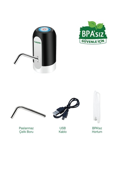 Bpa'sız Şarjlı Damacana Pompası Bpa'sız Boru 10l - 15l - 19l 1200 Mah Siyah