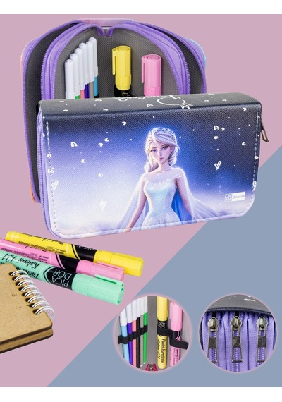 Kalem Kutusu Elsa Frozen Temalı Orginazer Üç Bölmeli Vegan Deri