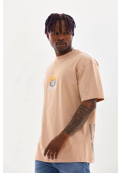 Unisex Baskılı Oversize T-shirt - Bej Bej