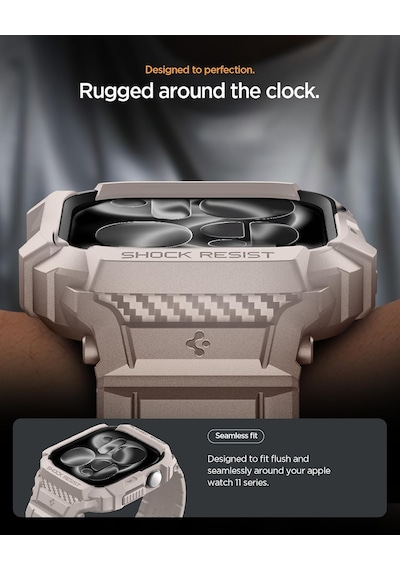 Apple Watch 46mm Seri 11/10 İle Uyumlu Kılıf & Kordon Kayış Rugged Armor Pro 2 Dune Beige - Acs10506 Çok Renkli