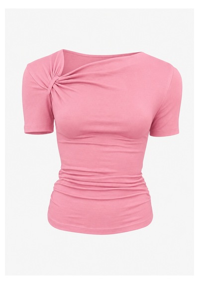 Evoa Kadın Asimetrik Yaka Drape & Büzgü Detaylı Bluz Pembe Pembe
