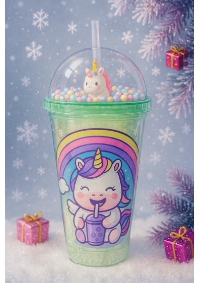 2'li Set Işıklı Renkli Unicorn Figürlü Gece Lambası & Pipetli Boncuk Detylı Suluk Bardak Yeşil 450ml Set