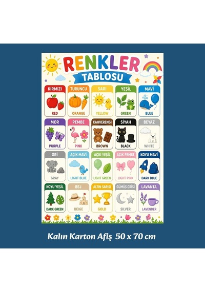 İngilizce Türkçe Renkler Tablosu 20 Renk Görselli Karton Afiş 50x70 Cm İlkokul Tüm Yaşlar