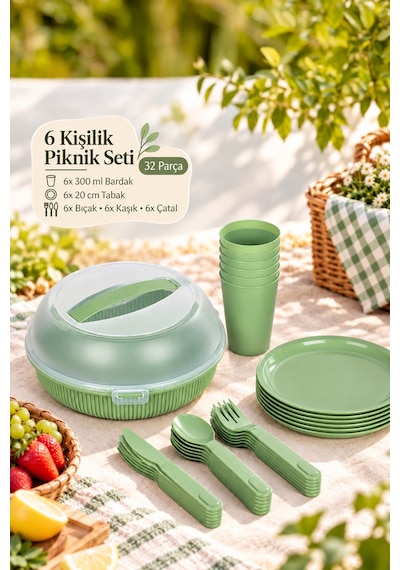 Porsima 162420-153d 32 Parça 6 Kişilik Taşınabilir Piknik Seti - Saklama Kutulu Yeşil Yeşil