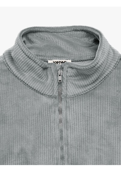 Koton Dik Yaka Uzun Kollu Yarım Fermuarlı Kadife Sweatshirt Gri 7wkg10372ak