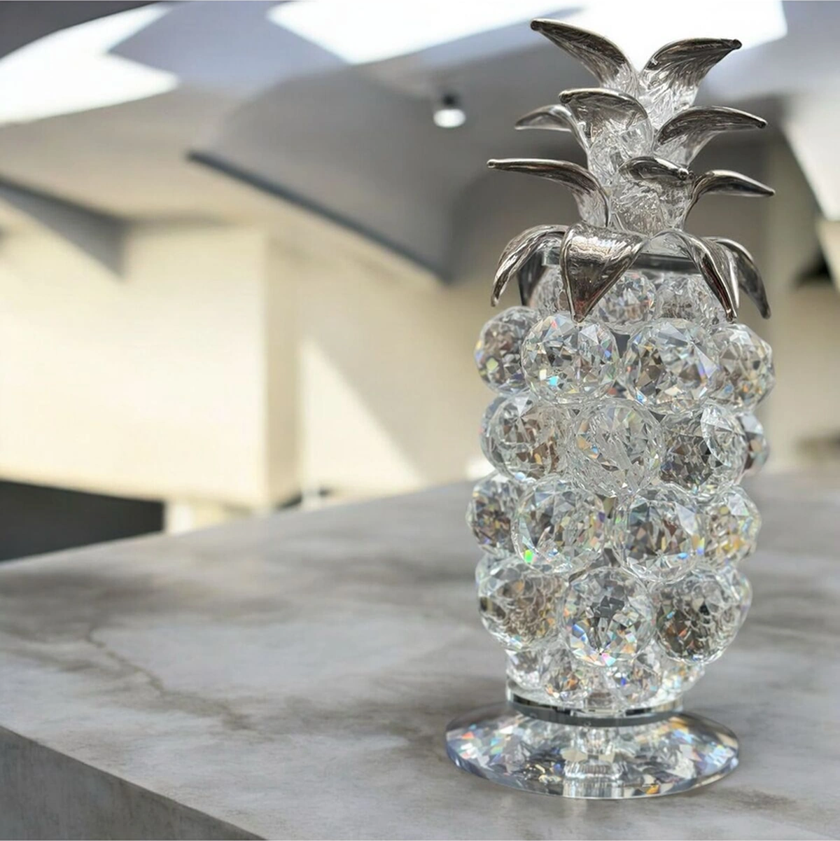 Dekoratif Kristal Cam Tekli Ananas Orta Boy Şeffaf Gümüş