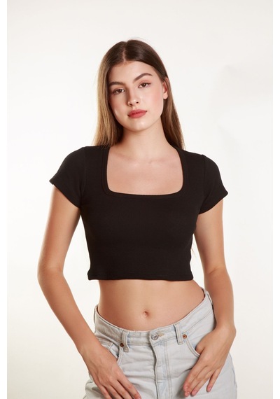 Mea Capio Kadın Fitilli Crop Kare Yaka Fitilli Kısa Kollu T-shirt Atlet Siyah