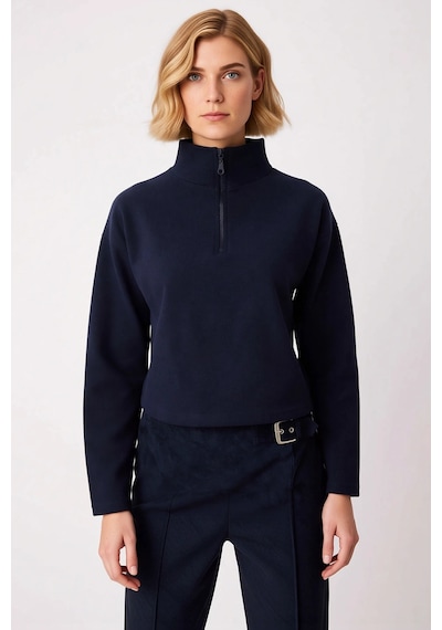 Benerly Kadın Dik Yaka Düşük Kol Fermuarlı Regular Kalıp Örme Sweatshirt Lacivert