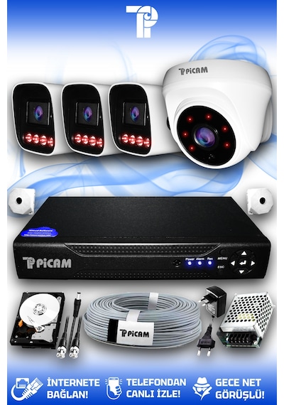 Picam 4 Kameralı Zebra 1 İç Kamera Set 2 Tb 5 Mp 2k Net Gece Görüşlü Güvenlik Kamerası Sistemi