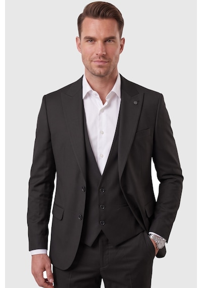 Rizzup Siyah Slim Fit Likralı 3 Lü Takım Elbise Ceket Yelek Pantolon Modern Şık Tasarım 2601798