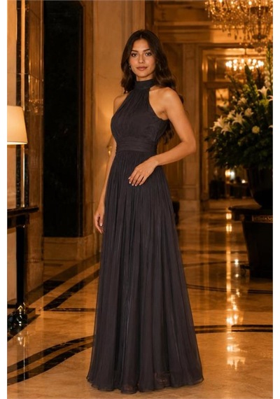 Neşeli Butik Kadın Acı Kahve Halter Yaka Janjan Kumaş Premium Abiye Elbise Nbmy4128 Kahverengi