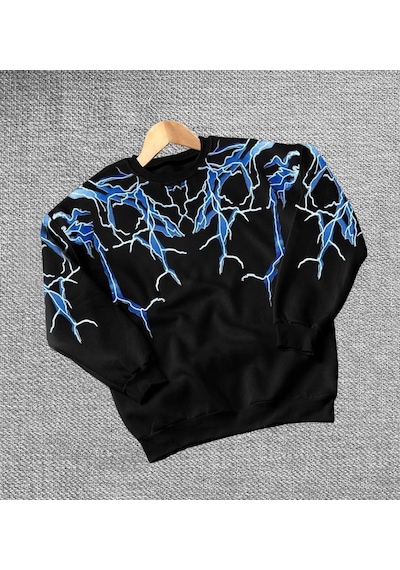 Mbb E-ticaret Kadın Yıldırım Baskılı Bisiklet Yaka 3 İplik Pamuklu Sweatshirt - Siyah