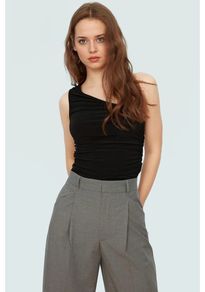 Ersefa Fitted Tek Omuz Bluz Esnek Örme Crop Boy Modern Stil Premium Kali siyah