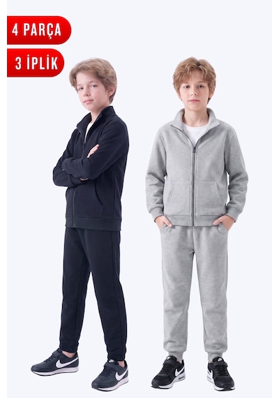 Fyk Kids Erkek Çocuk 3 İplik Düz Basic Fermuarlı Dik Yaka Çift Cepli 2'li Eşofman Takımı 4 Parça Siyah-gri
