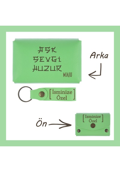 Miaju Fıstık Yeşil, Aşk Sevgi Huzur Yazılı İsme Özel, Cüzdan Ve Anahtarlık Set, İş Arkadaşına Hediye Set Fıstık Yeşil
