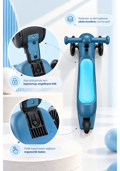 C-pro 2'si 1 Arada Katlanabilir Çocuk Scooterı Açık Mavi