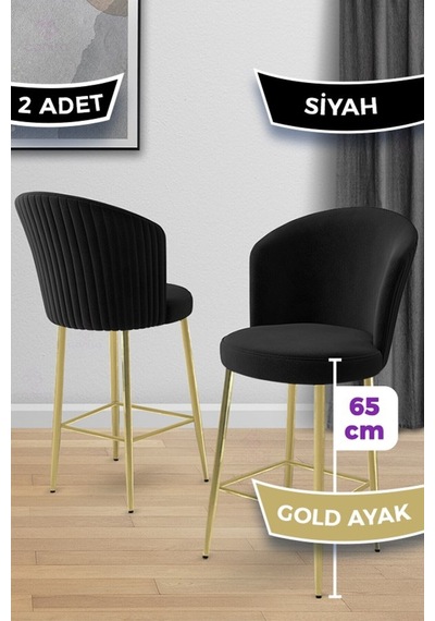 Canisa Alte Serisi 2 Adet Babyface Kumaş 65 Cm Gold Kaplama Ayaklı Siyah Bar Sandalyesi Siyah Sandalye Gold Kaplama Ayak