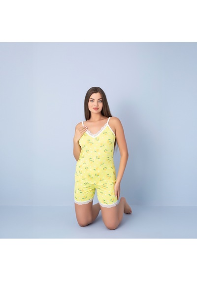 Pıove Kadın Limon Desenli Askılı Şortlu Pijama Takımı Dantel Detaylı Rahat Ev Giyim Seti sari Pıove Kadın Limon Desenli Askılı Şortlu Pijama Takımı Dantel Detaylı Rahat Ev Giyim Seti sari