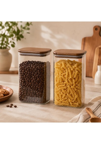 Tr 2'li 1500 Ml Akasya Kapaklı Cam Saklama Kavanozu Seti, Silikon Contalı Dikdörtgen Erzak Ve Baharat Kabı, Bakliyat Genel
