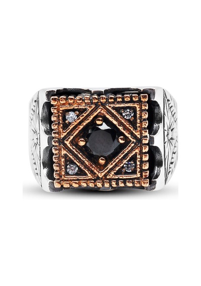 Kuyumcudukkanı Siyah Renk Taşlı Bronz Parçalı Elyapımı Gümüş Erkek Yüzük-60012-w-blk 22 Beyaz