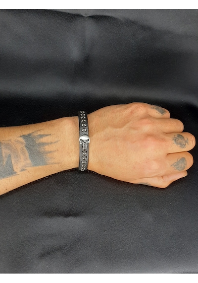 Mryart Unisex Suni Deri Metal Detaylı El Yapımı Bileklik Siyah