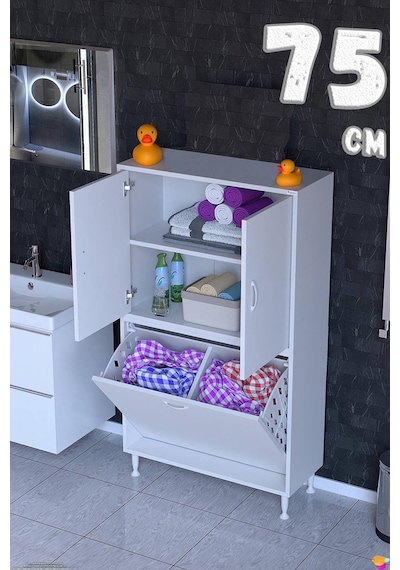 Deniz Kirli Sepetli Ve Kapaklı Raflı, Çok Amaçlı Banyo Dolabı - 75 X 138 X 32,5 Cm 75 Cm