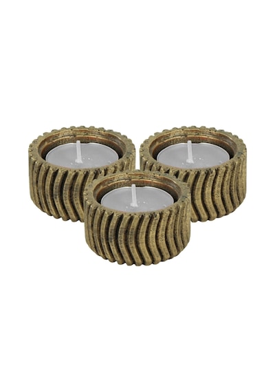 Eskitme Mumluk Şamdan 3 Adet Tealight Uyumlu Üçlü Tekerlek Model - Altın Eskitme