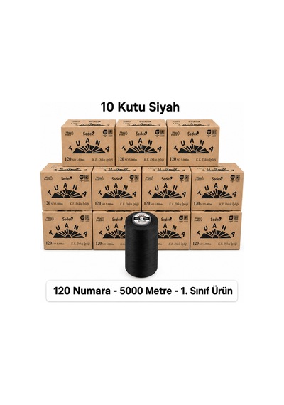 Tuana Polyester Dikiş İpliği 120 Numara 5000 Metre Siyah 60 Bobin 10 Kutu Makine İpi Dikiş İpi