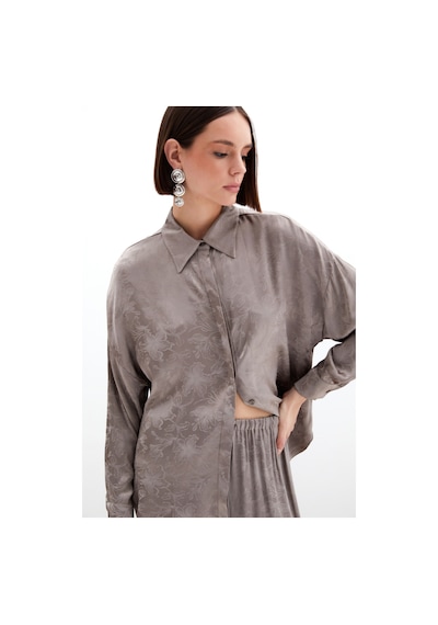 Sateen Jakarlı Saten Gömlek - Vizon-136038 Vizon