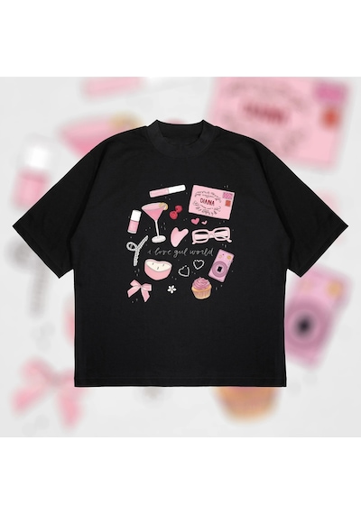 Tarzsokak Girl World Oversize Unisex Pamuklu Nefes Alan Kalın Kumaşlı Siyah