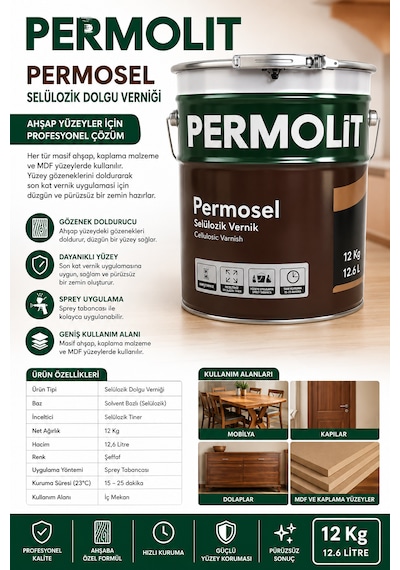 Permosel Selülozik Dolgu Verniği Masif Ahşap Kaplama Malzeme Ve Mdf Yüzeylerde Kullanılır 12 Kg 12.6 Litre