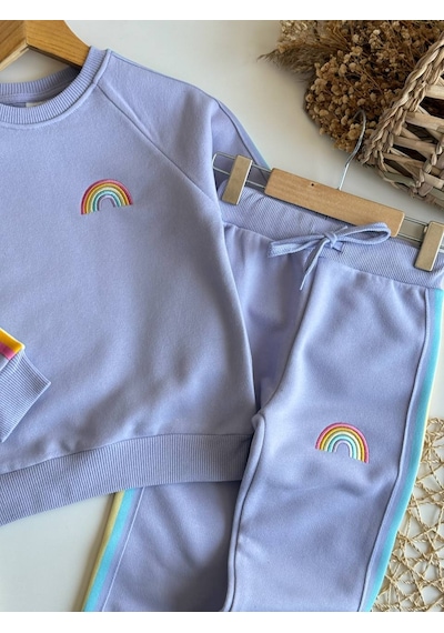 Noble Kids Kız Çocuk Gökkuşağı Nakışlı Eşofman Takım Lila