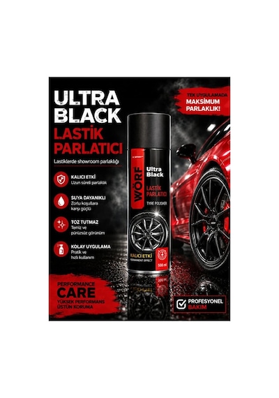 Lastik Parlatıcı Sprey 500 Ml Islak Görünüm, Kalıcı Parlaklık, Lastik Bakım Ultra Black 1 Adet