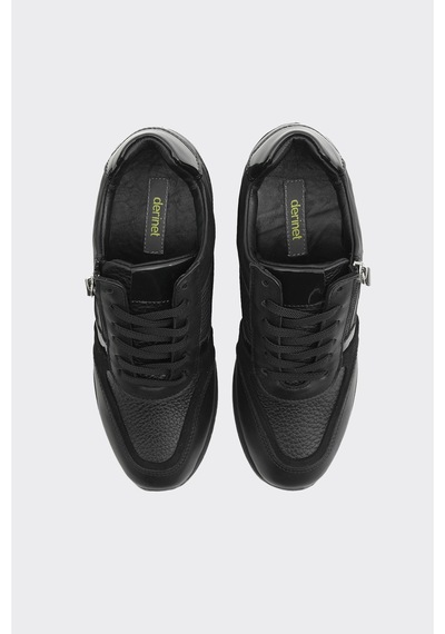 Derinet Yüksek Taban Hakiki Deri Kadın Sneaker Siyah Siyah