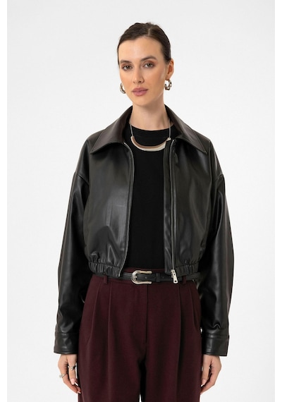 Antioch Crop Suni Deri Kadın Ceket Siyah