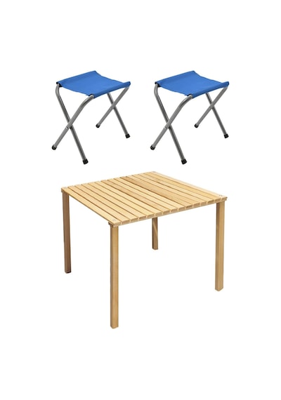 Exent Katlanır Ahşap Kamp Masası + 2 Adet Tabure Seti 60 x 60 CM Çok Renkli