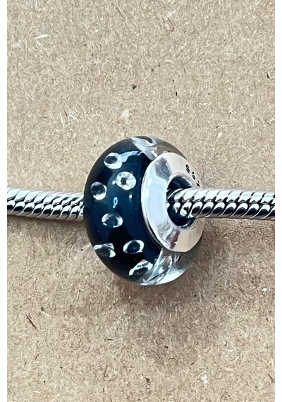 Fubena Dalgacıklı Siyah Murano Charm Gümüş