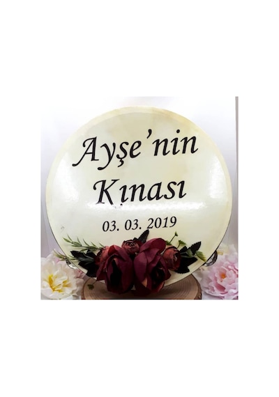 32 Cm Şakayik Ve Enengül Çiçek Süslemeli Deri Tef Isim Baskılı