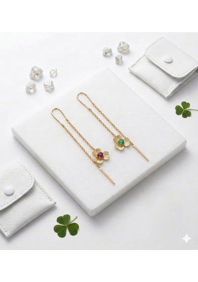 925 Ayar Gümüş Altın İşçilik Doğum Taşlı Kalemli Zarif Sallantılı Yonca Küpe.rose.gold.rodaj