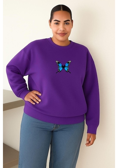 Benroma Kelebek Baskılı Büyük Beden Unisex Sweatshırt Mor